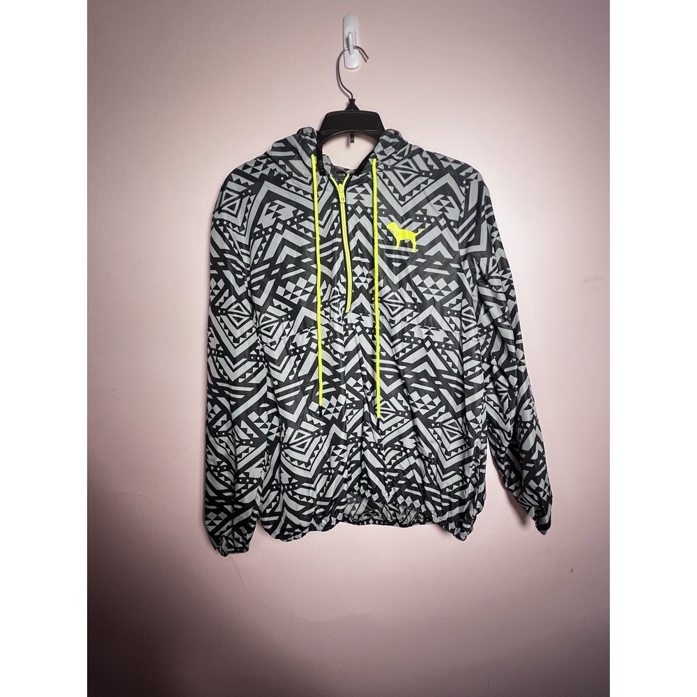 Victoria Secret PINK Women's Windbreaker Hoodie Neon Grey Sz XS-S Aztec Jacket